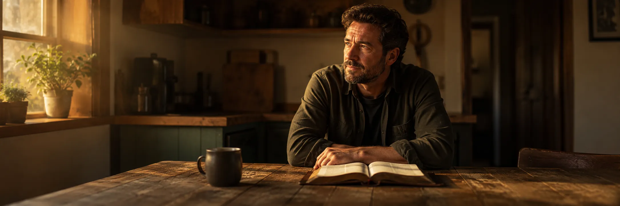 A man in quiet reflection at his kitchen table in early morning light